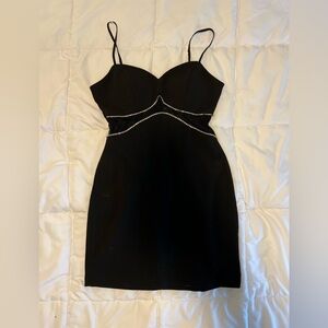Black Cocktail Bodycon Dress with Rhinestone Trim and Mesh Detail